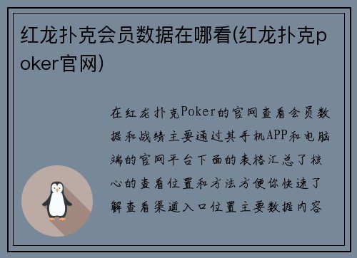红龙扑克会员数据在哪看(红龙扑克poker官网)